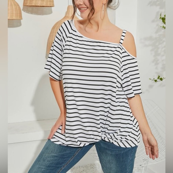 SHEIN Tops - White w/black stripes off the shoulder blouse size 3X